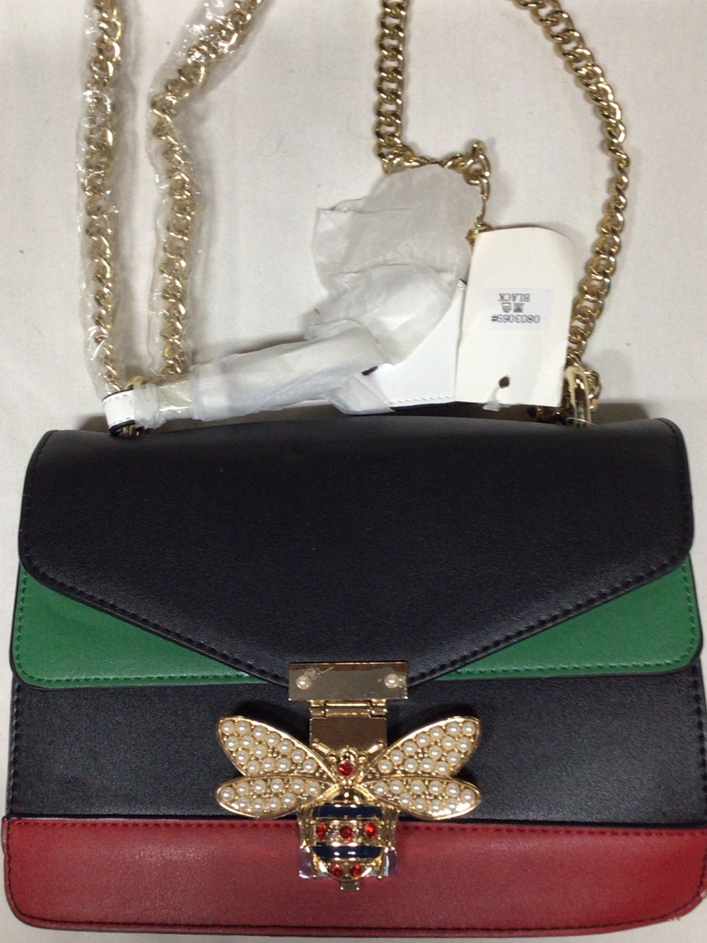 Source Unknown Black, Green & Red Crossbody Bag with Gold Bee Accent